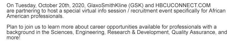 GlaxoSmithKline Virtual Recruitment Event - Oct. 20, 2020