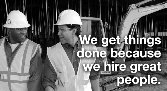 Guys Talking with Hard hats on, and a forklift nearby. We get things done because we hire great people. 