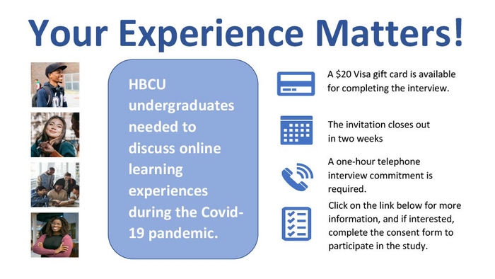 HBCU Students with Remote and Blended Learning Experience Amid the Covid-19 Pandemic Sought for Research Study!